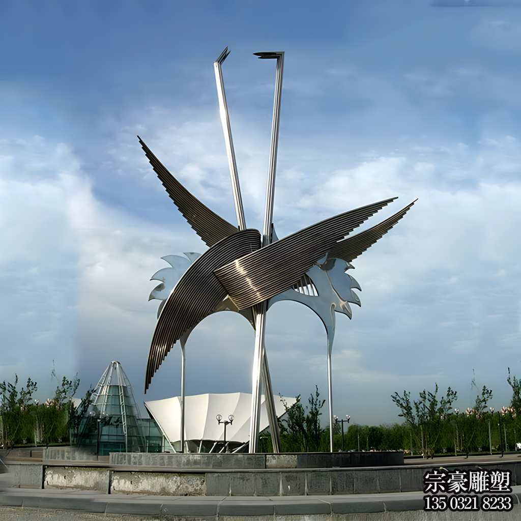 不銹鋼抽象仙鶴雕塑，大型戶外景觀動(dòng)物雕塑