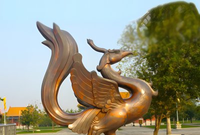 朱雀銅雕，紫銅色鑄銅神獸朱雀雕塑